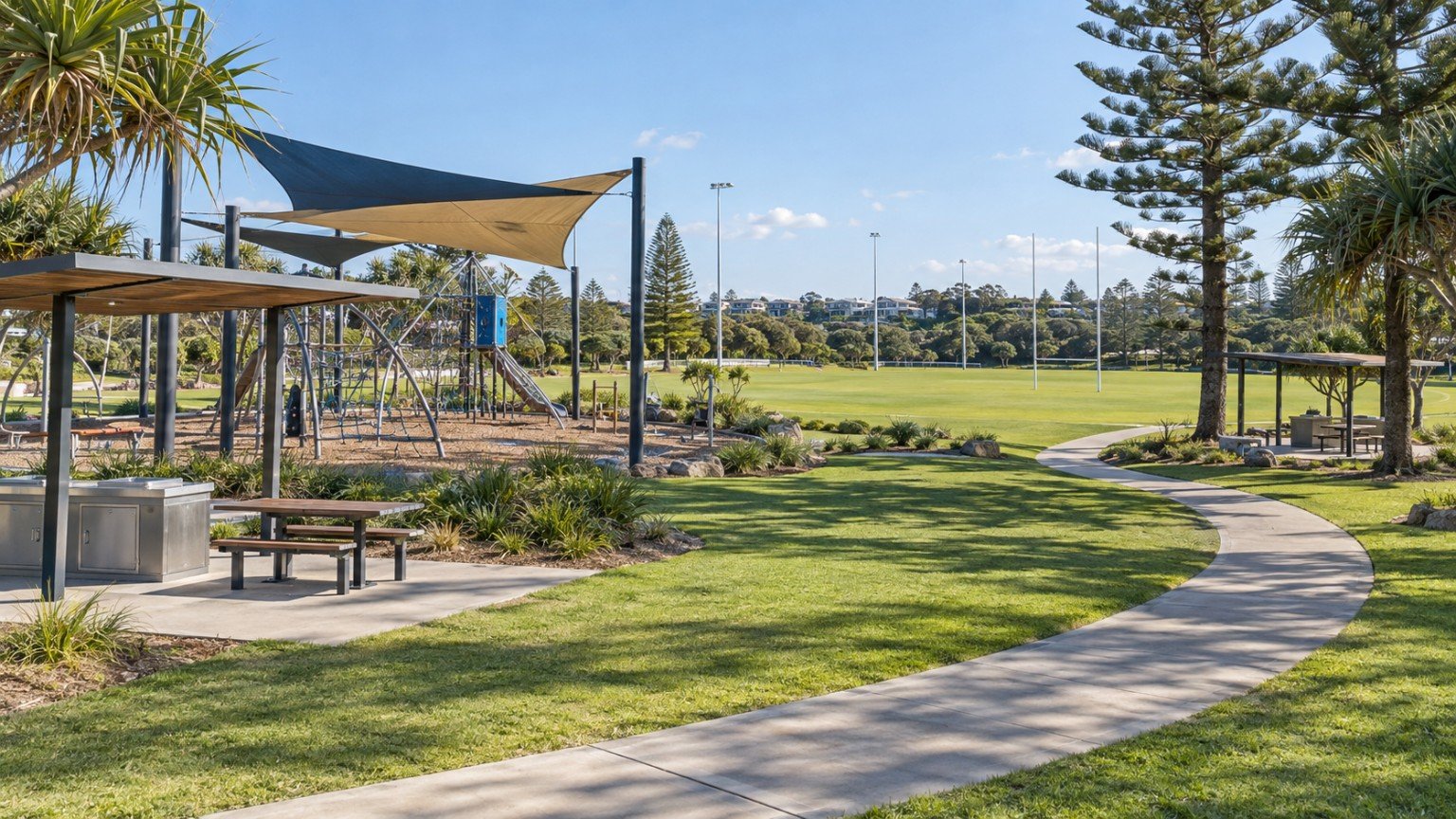 Large district park on the southern Gold Coast with playground, shade sails, sports fields and Norfolk pines