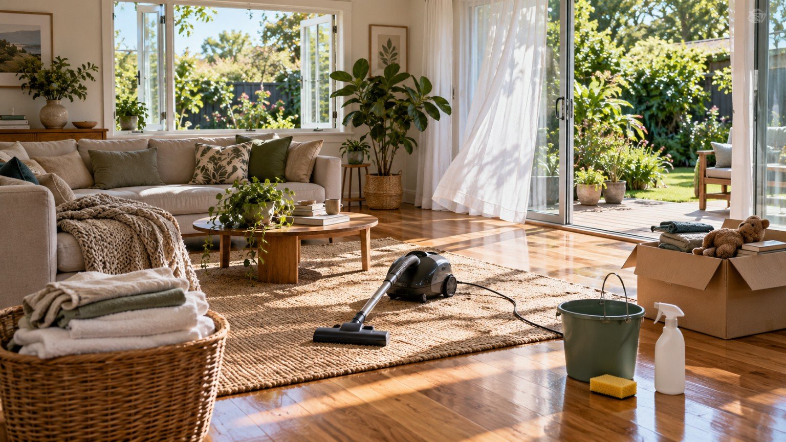 Bright home interior with open windows and cleaning supplies during spring cleaning