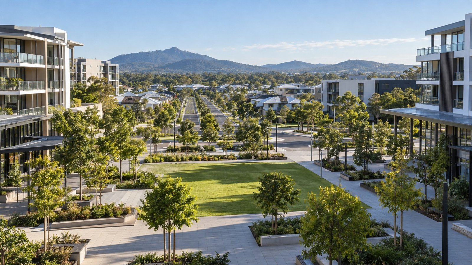 Contemporary master-planned town centre and residential streets with landscaped open space in the Ipswich region