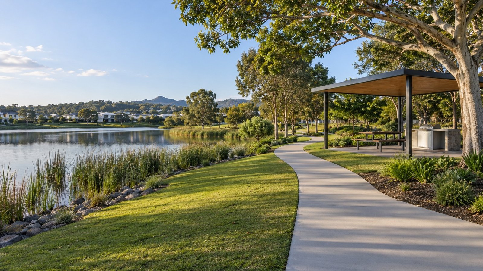 Lakeside parkland with walking path, picnic shelter and open lawn in a master-planned community