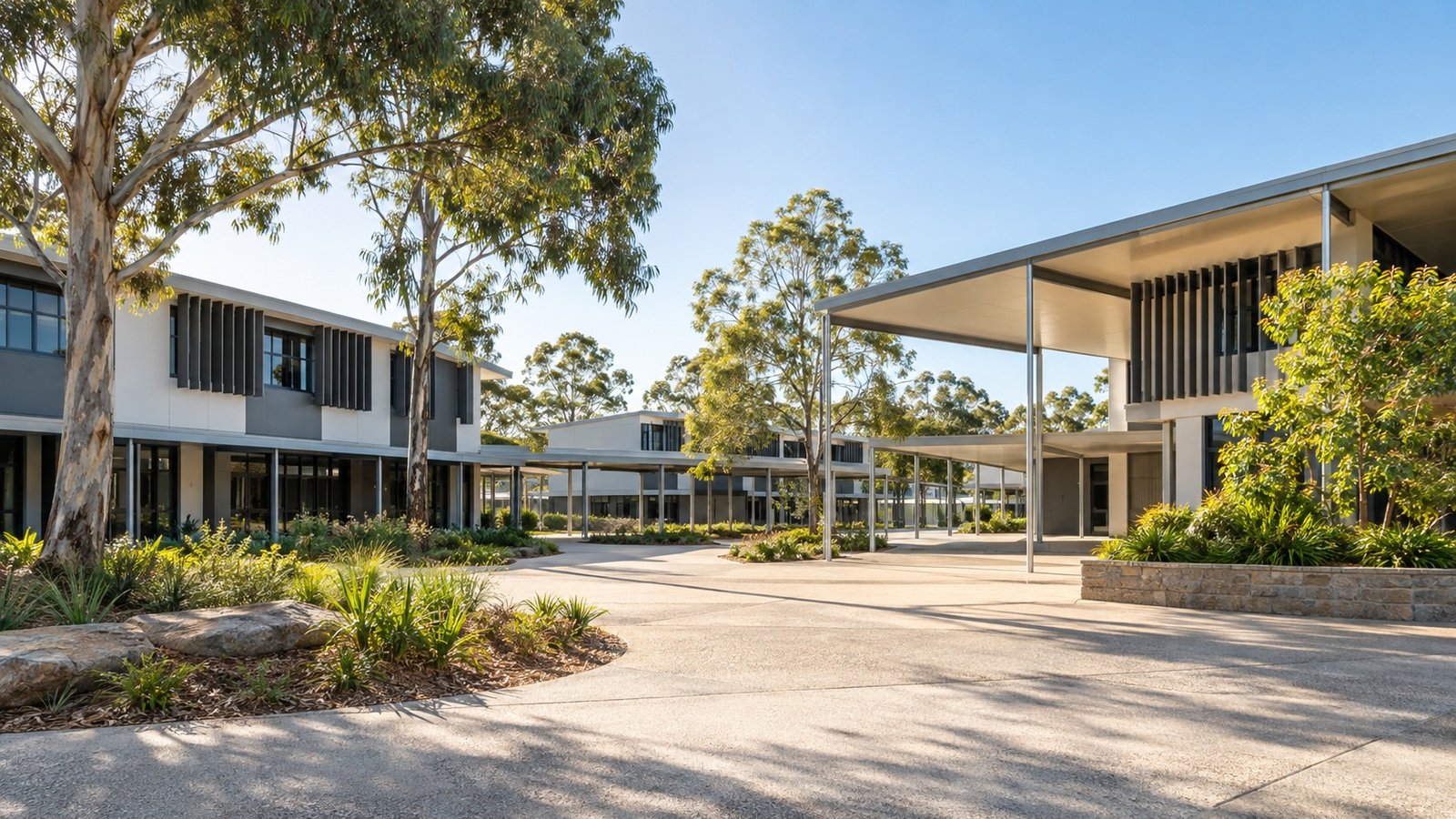 Contemporary school buildings and landscaped grounds in a master-planned Queensland community