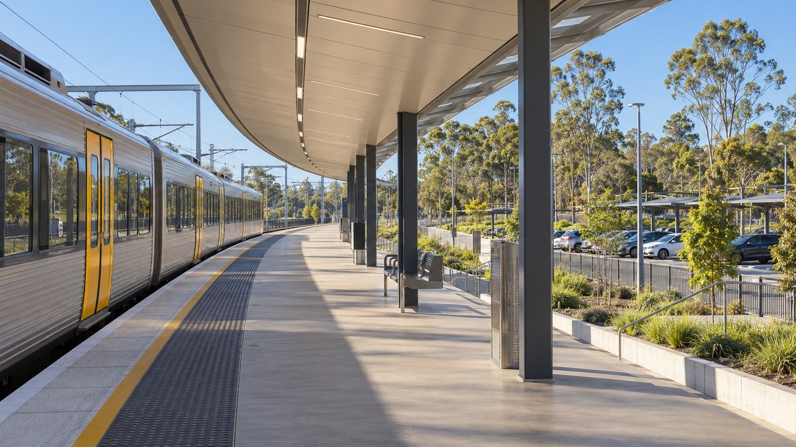 Suburban railway station platform with canopy beside a landscaped car park