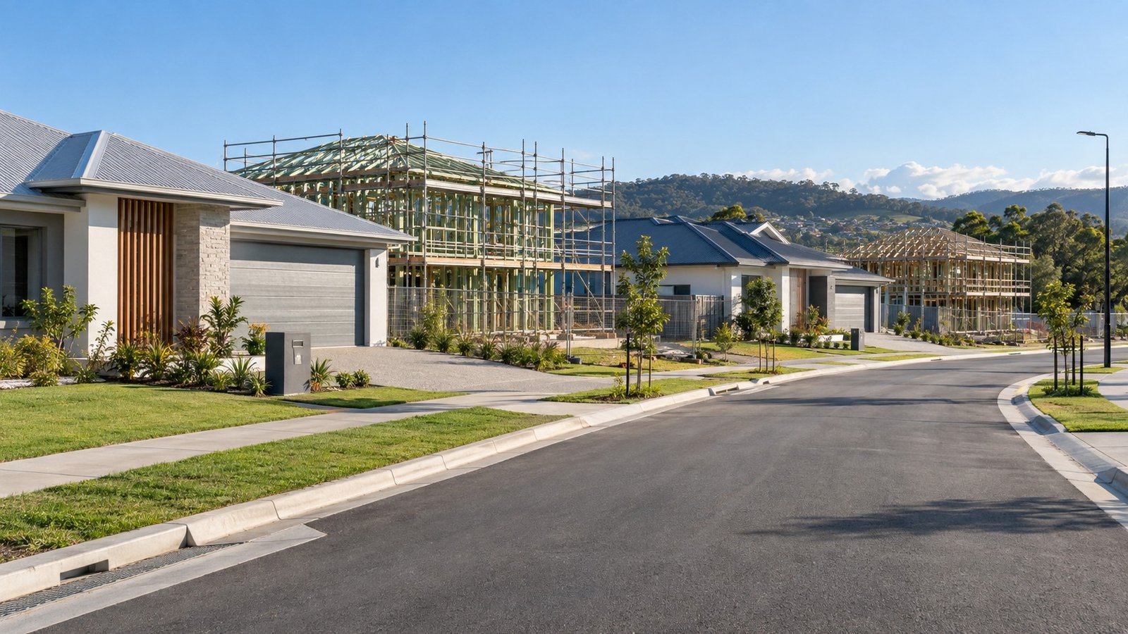 New homes under construction in a developing Queensland residential estate
