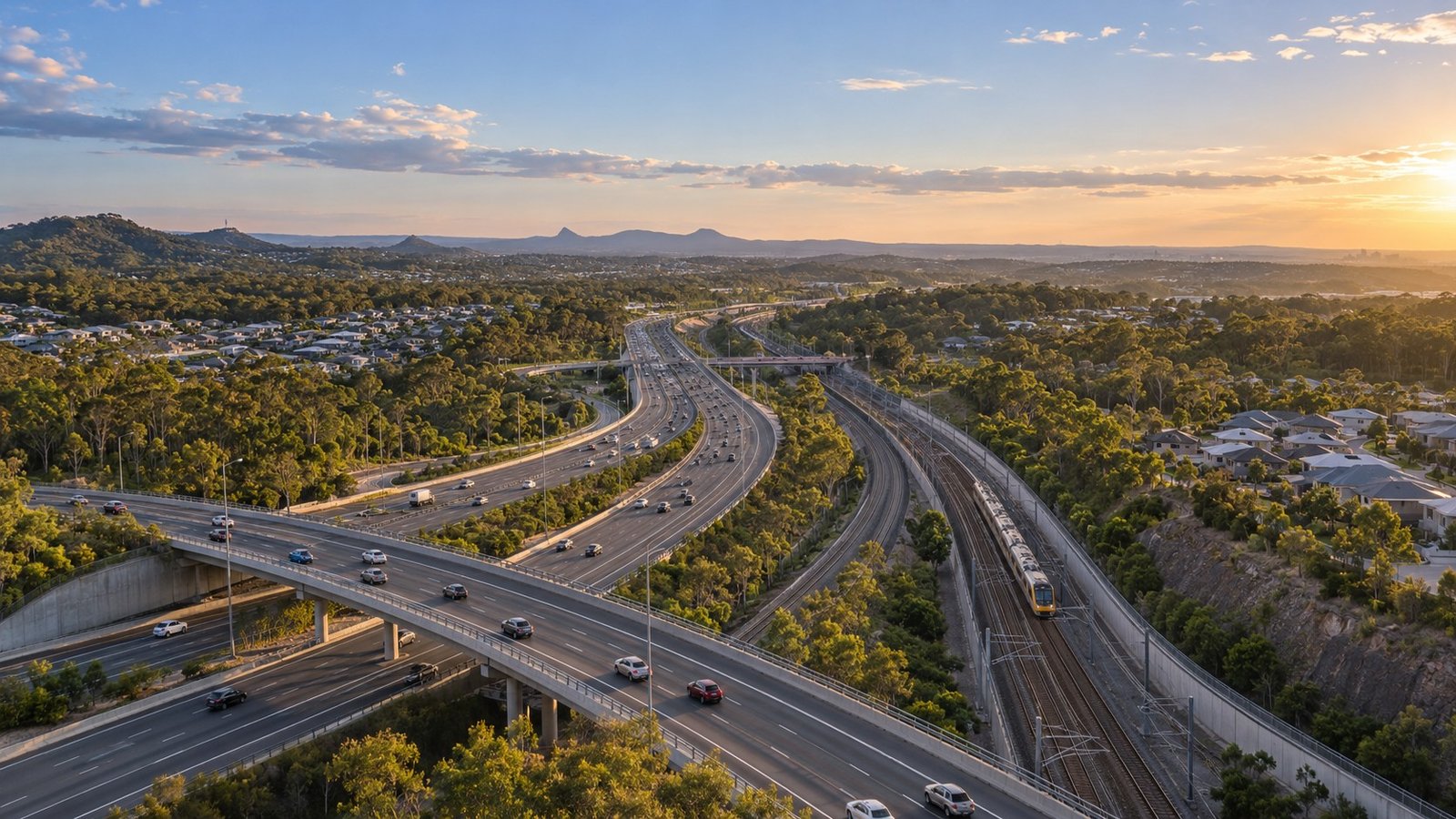 Motorway interchange and rail corridor serving a growing South East Queensland centre