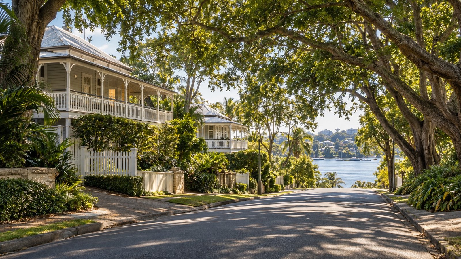 Shaded riverside street of traditional Queenslander homes with a glimpse of the Brisbane River