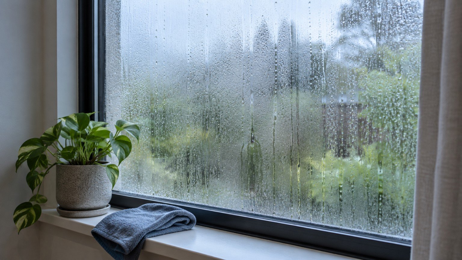 Condensation on the inside of a window pane in a home on a cool morning