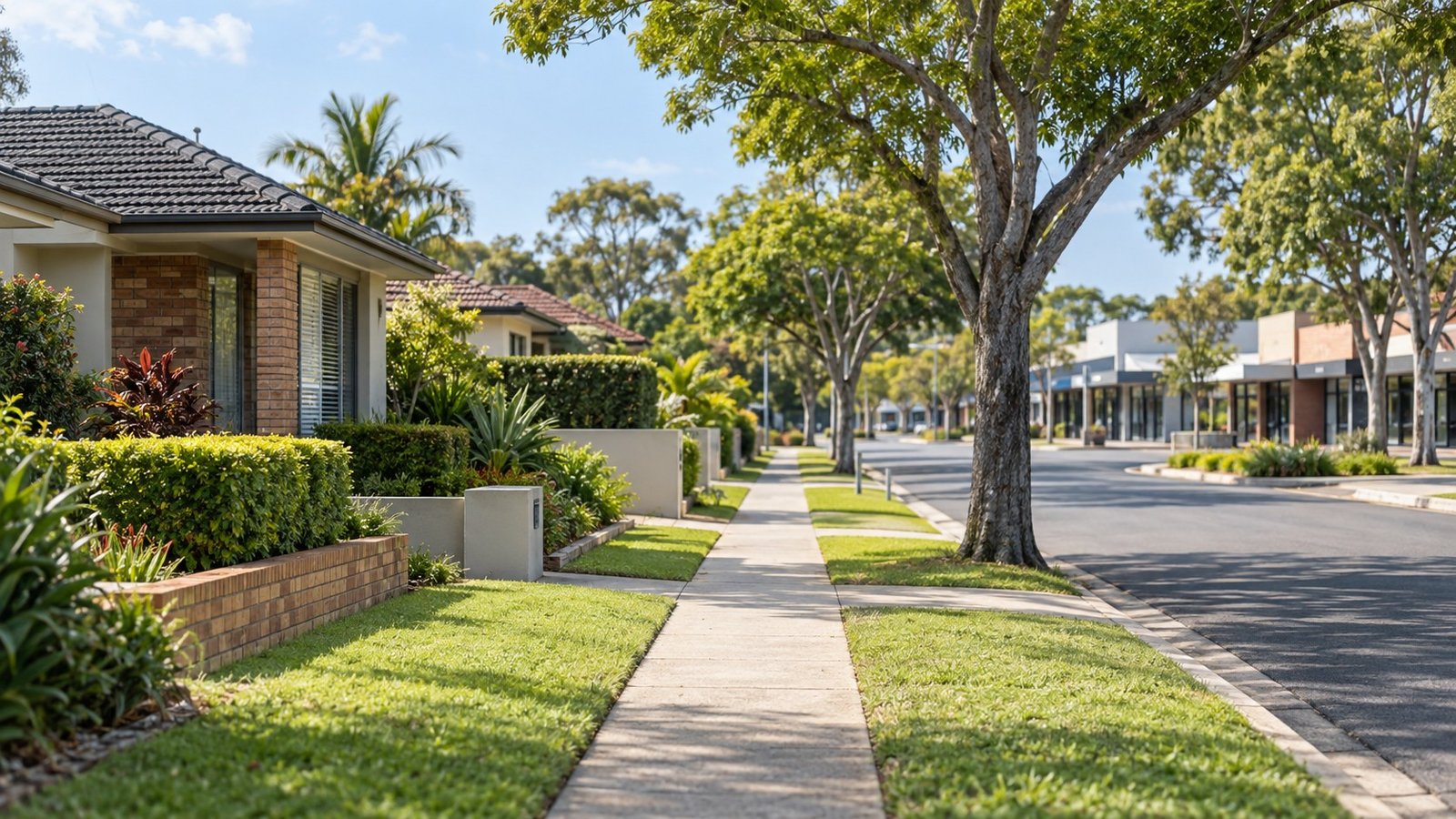 Tidy residential street beside a small local shopping strip in an established southern Brisbane suburb