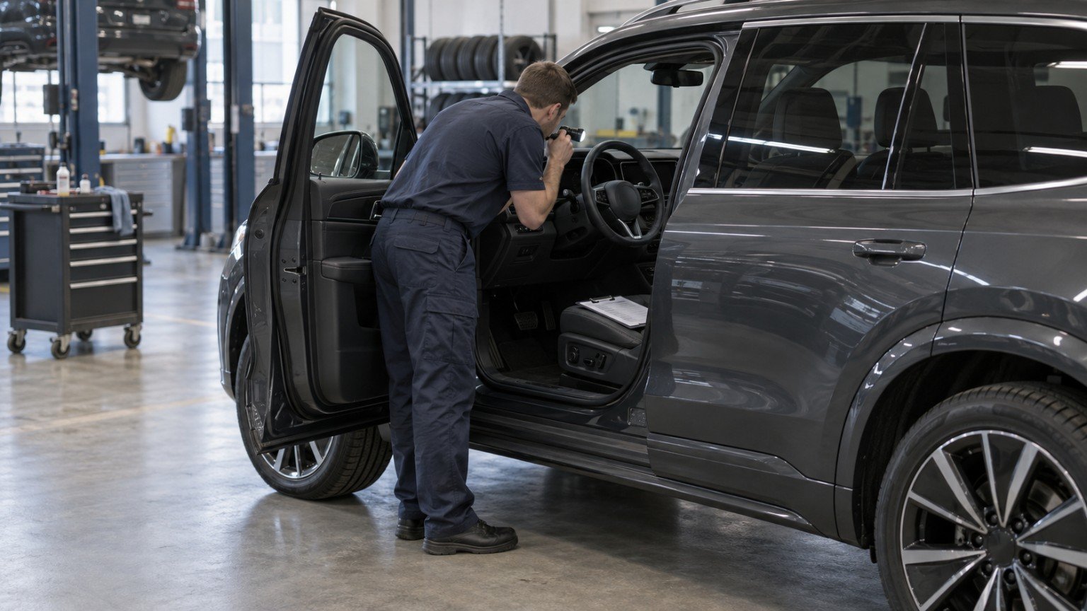 Mechanic inspecting the steering wheel and dashboard of a large SUV in a service workshop