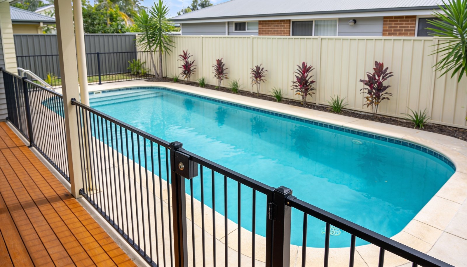In-ground residential swimming pool in a Queensland backyard with compliant safety fencing and self-closing gate