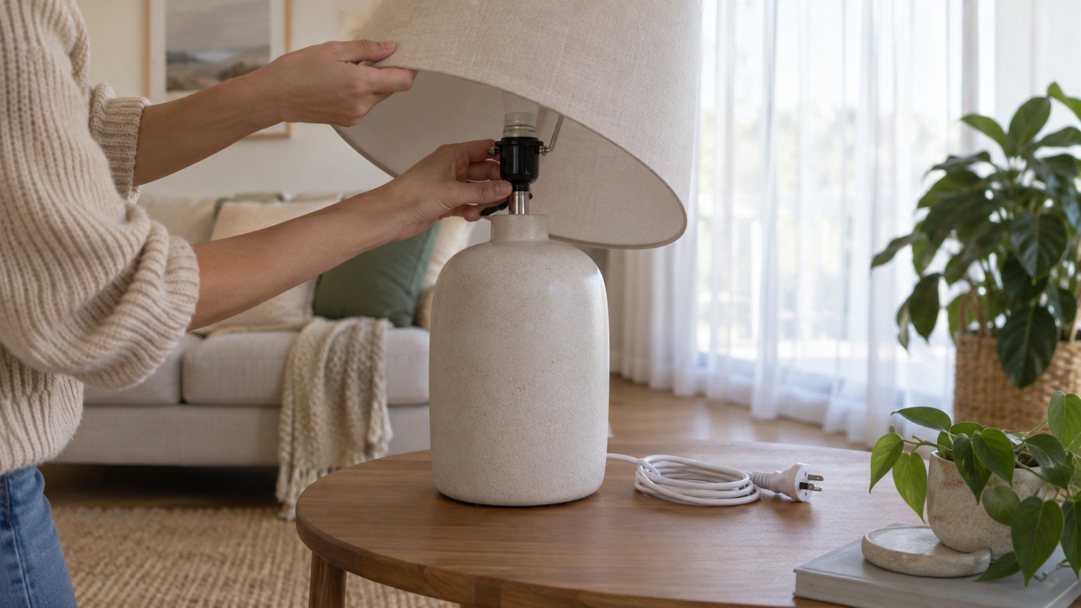 Plain table lamp unplugged on a side table in an Australian living room during a product safety check