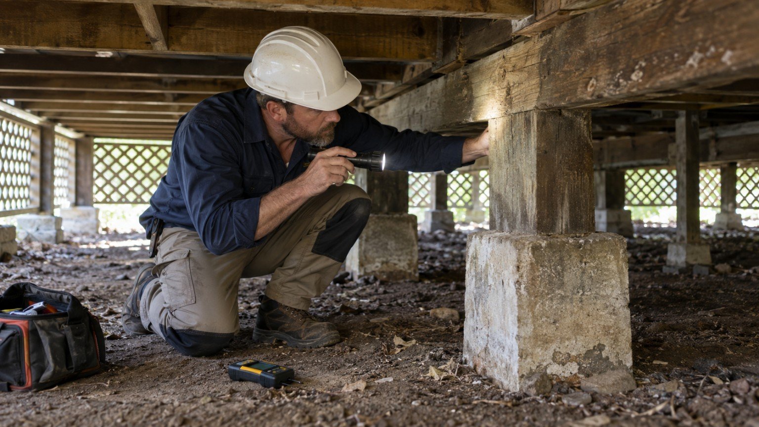Inspector examining timber framing and subfloor of a Queensland home for pest damage