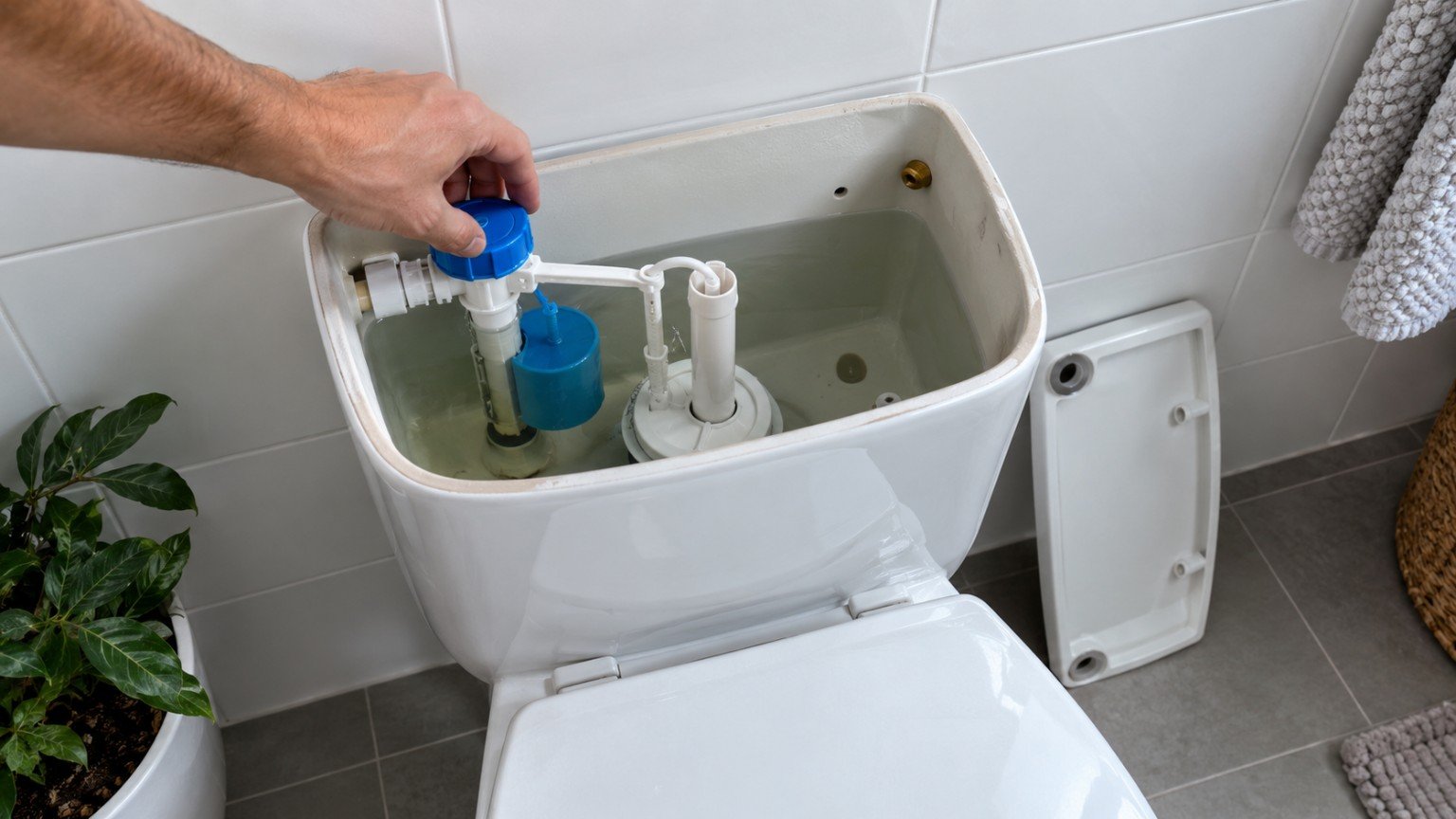 Open toilet cistern showing the fill valve and float being checked by hand