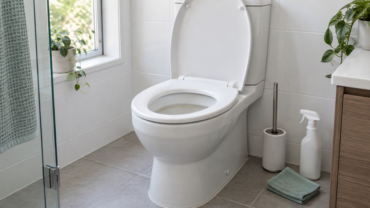 Clean modern bathroom toilet with cleaning brush and cloth ready for use