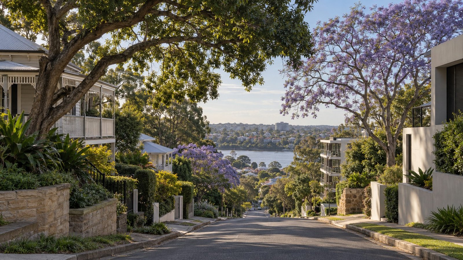 Leafy hillside inner-west Brisbane street with character homes and low-rise apartments