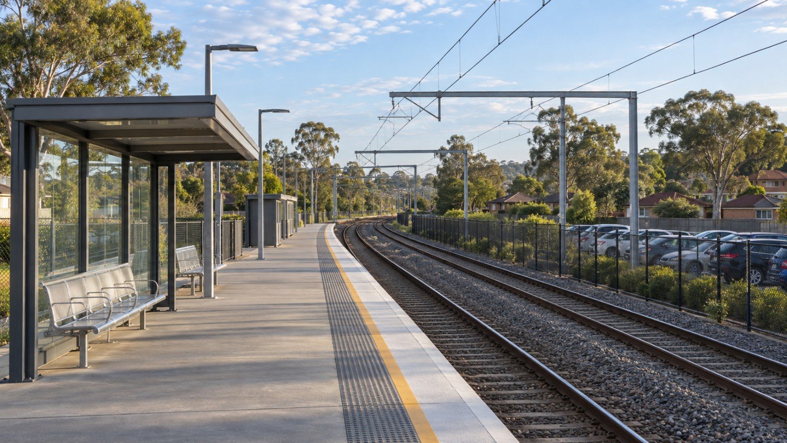 Suburban railway station platform and car park in the Ipswich corridor