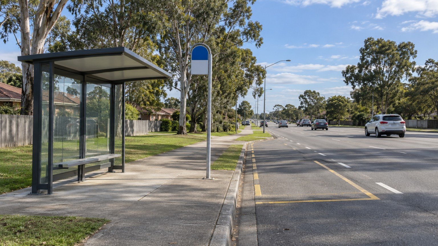 Bus stop and arterial road serving a suburban Logan neighbourhood