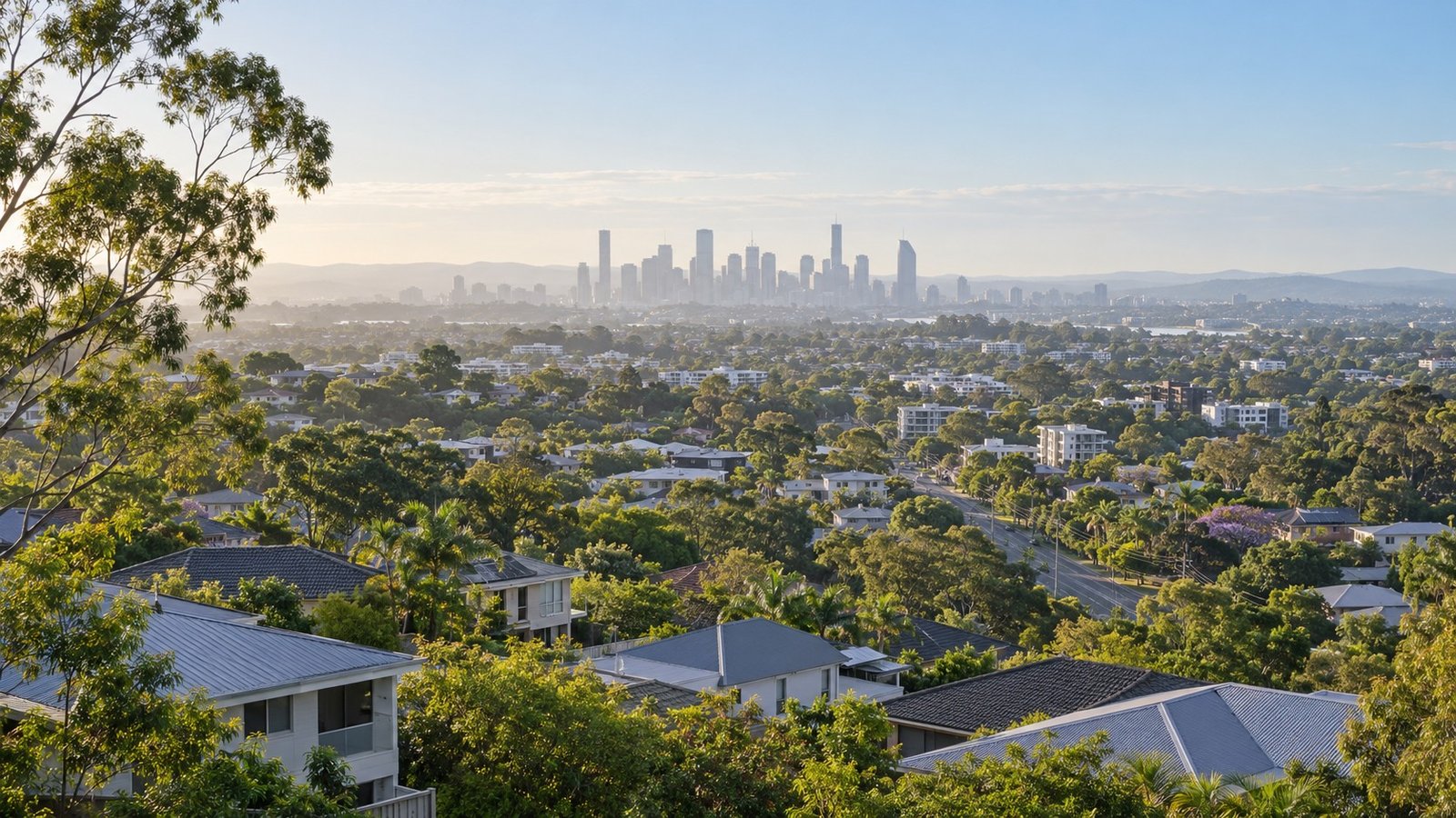 Elevated outlook over a leafy established southern Brisbane suburb with the city skyline in the distance