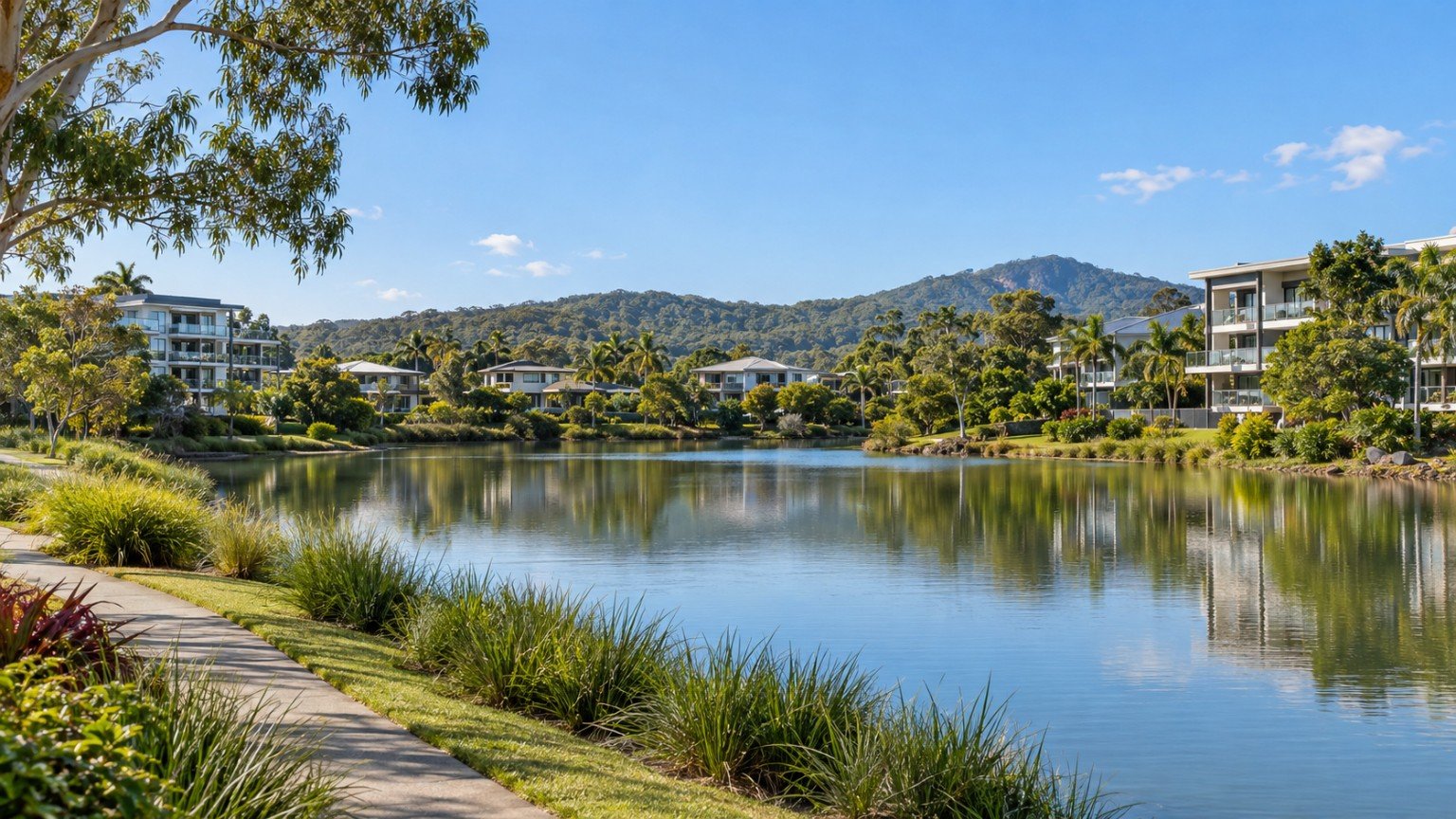 Lakeside residential streets and low-rise buildings in a master-planned Gold Coast suburb