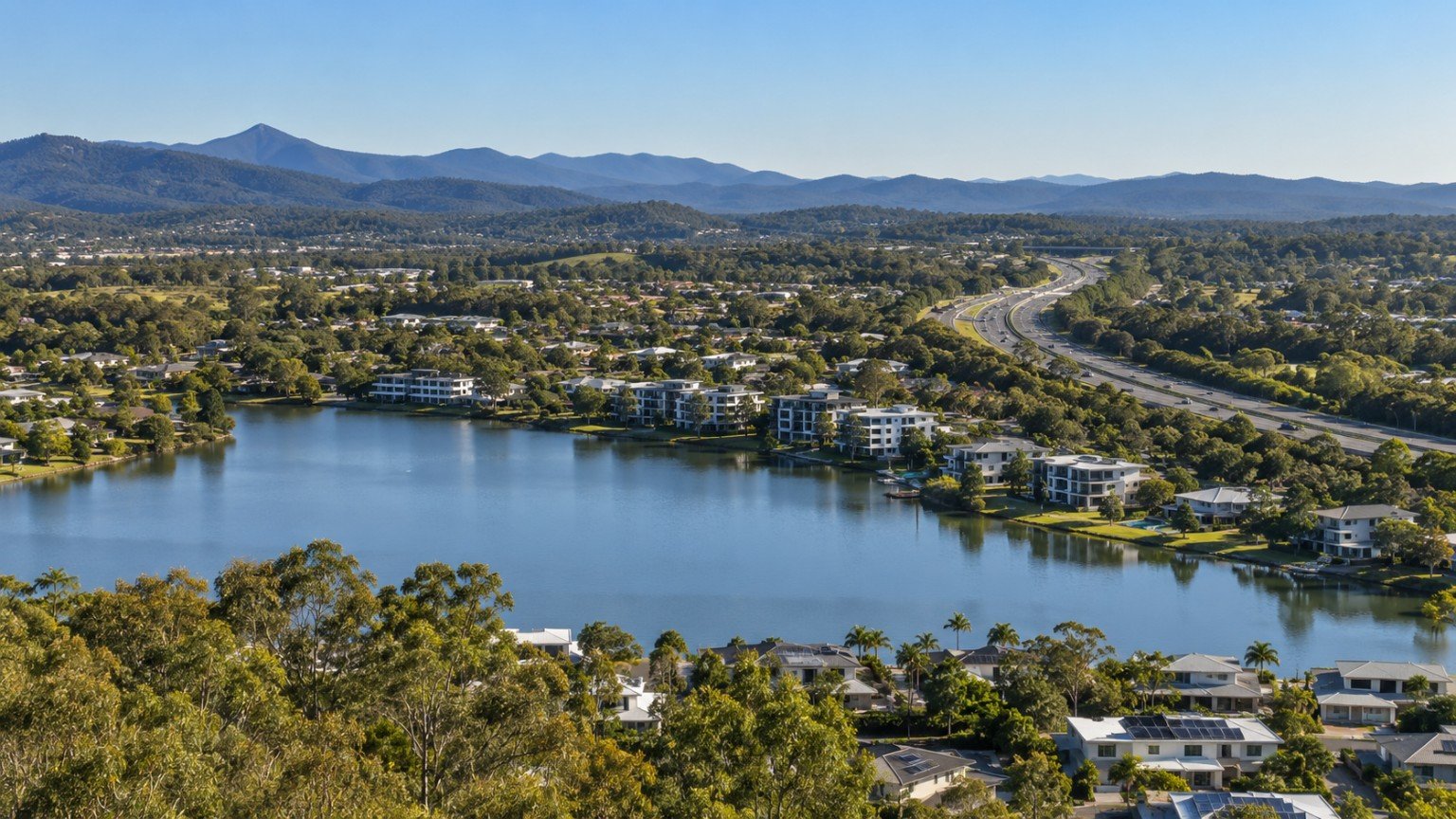 Central Gold Coast landscape mixing lakeside suburbs, a motorway corridor and hinterland ranges
