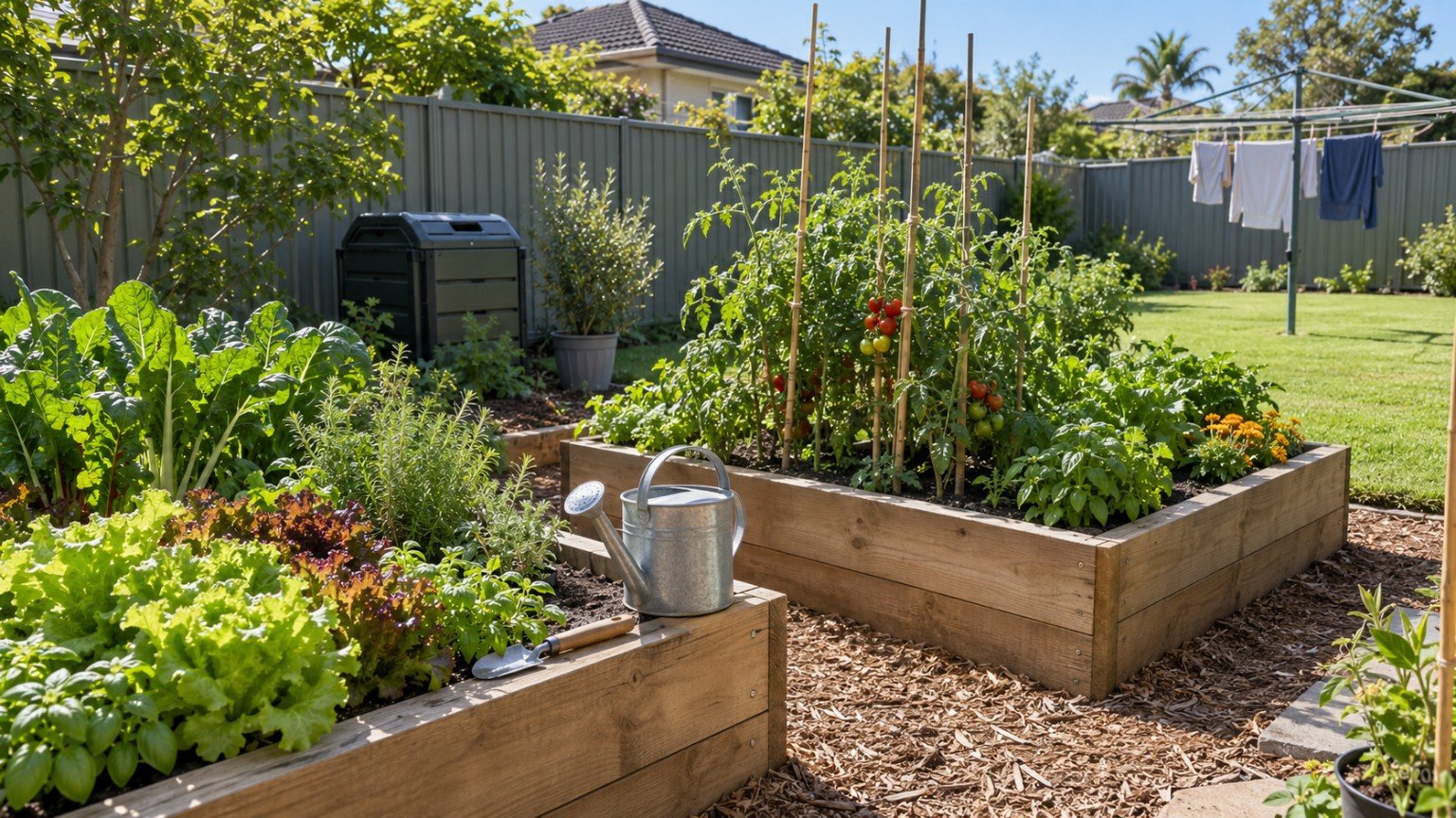 Raised vegetable garden beds in a small suburban Australian backyard