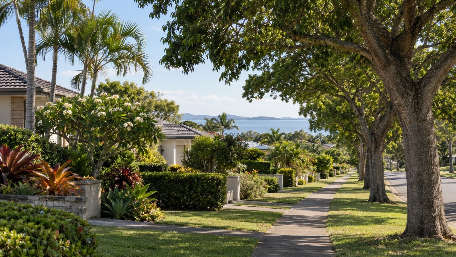 Quiet bayside residential street in the Redlands with subtropical greenery and detached family homes