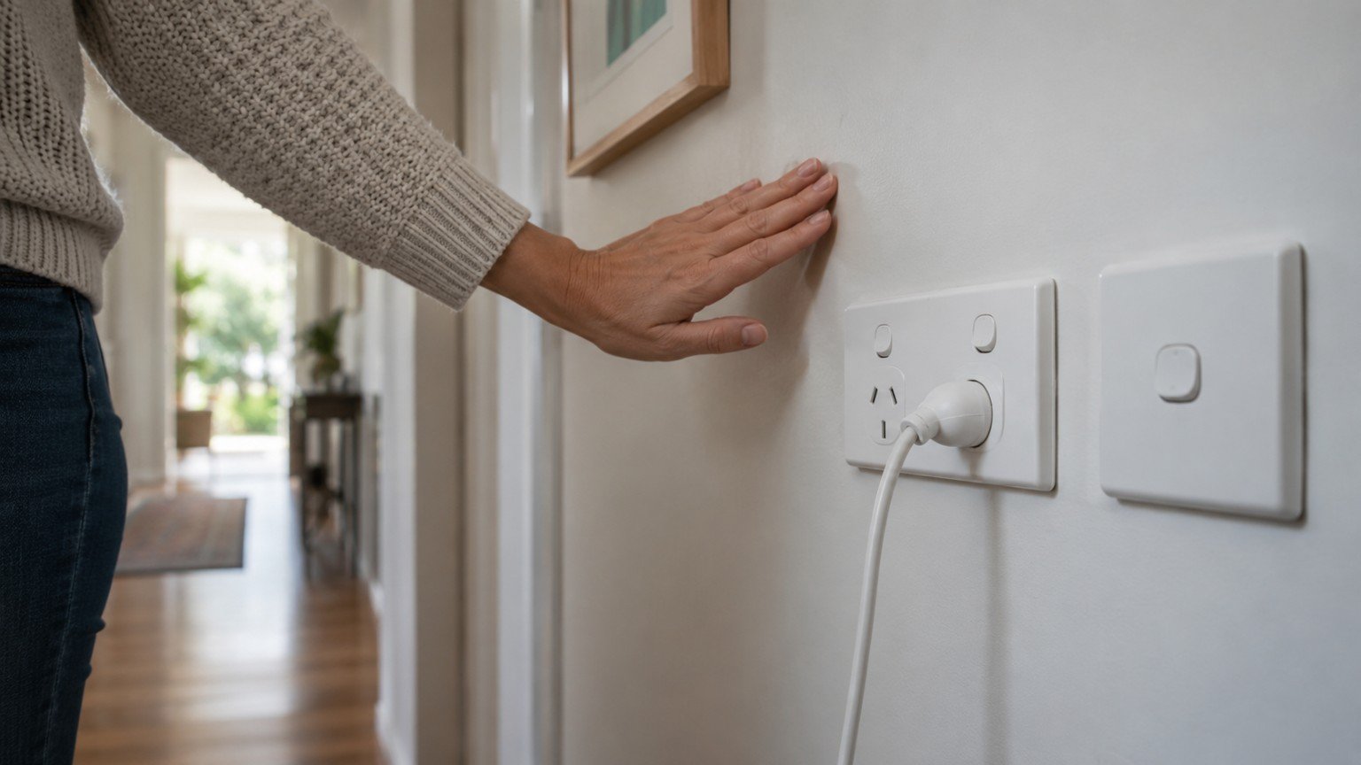 Plain wall light switch and power point in an Australian home