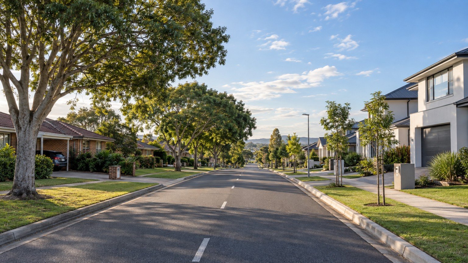 Mix of established homes and newer estate housing on a quiet street in a Logan suburb