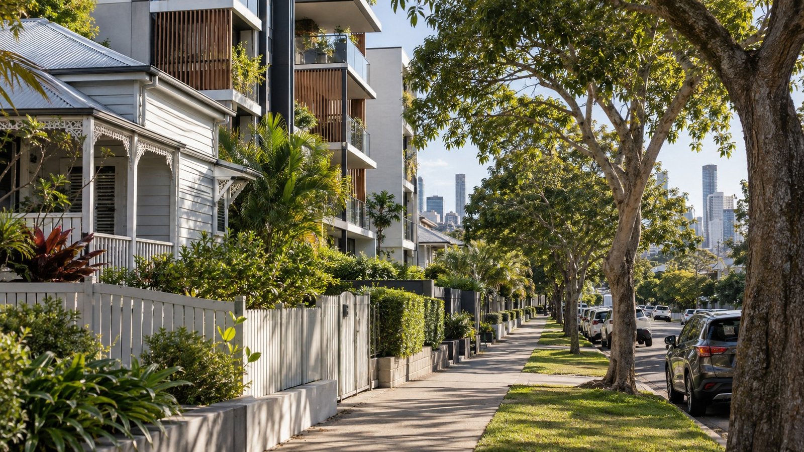 Inner-city Brisbane neighbourhood street mixing older character homes with contemporary low-rise buildings