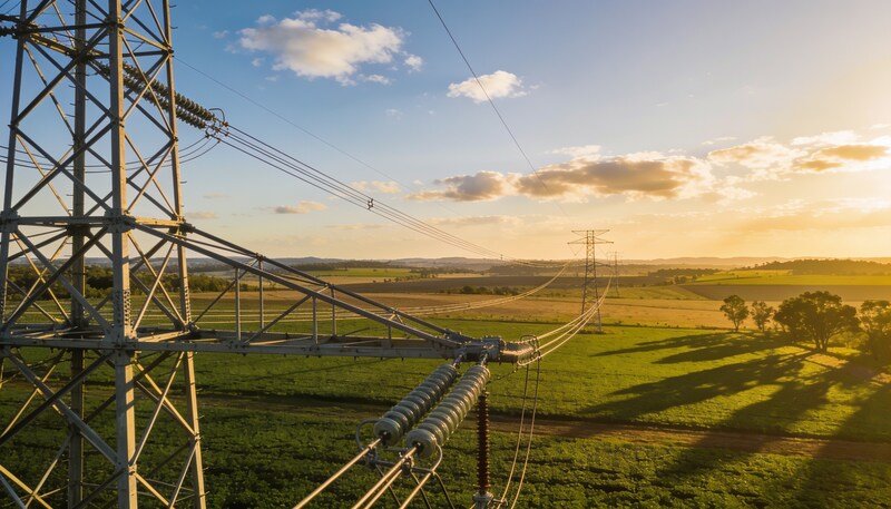 High voltage electricity transmission towers crossing rural Queensland farmland at golden hour