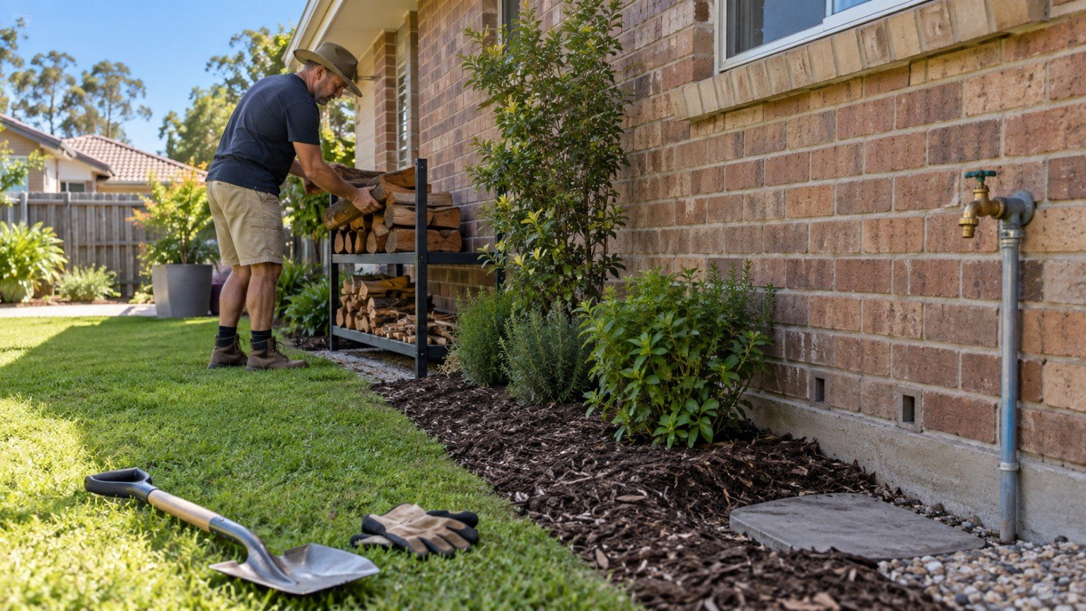 Timber and mulch pulled back from the base of a brick house to reduce termite risk
