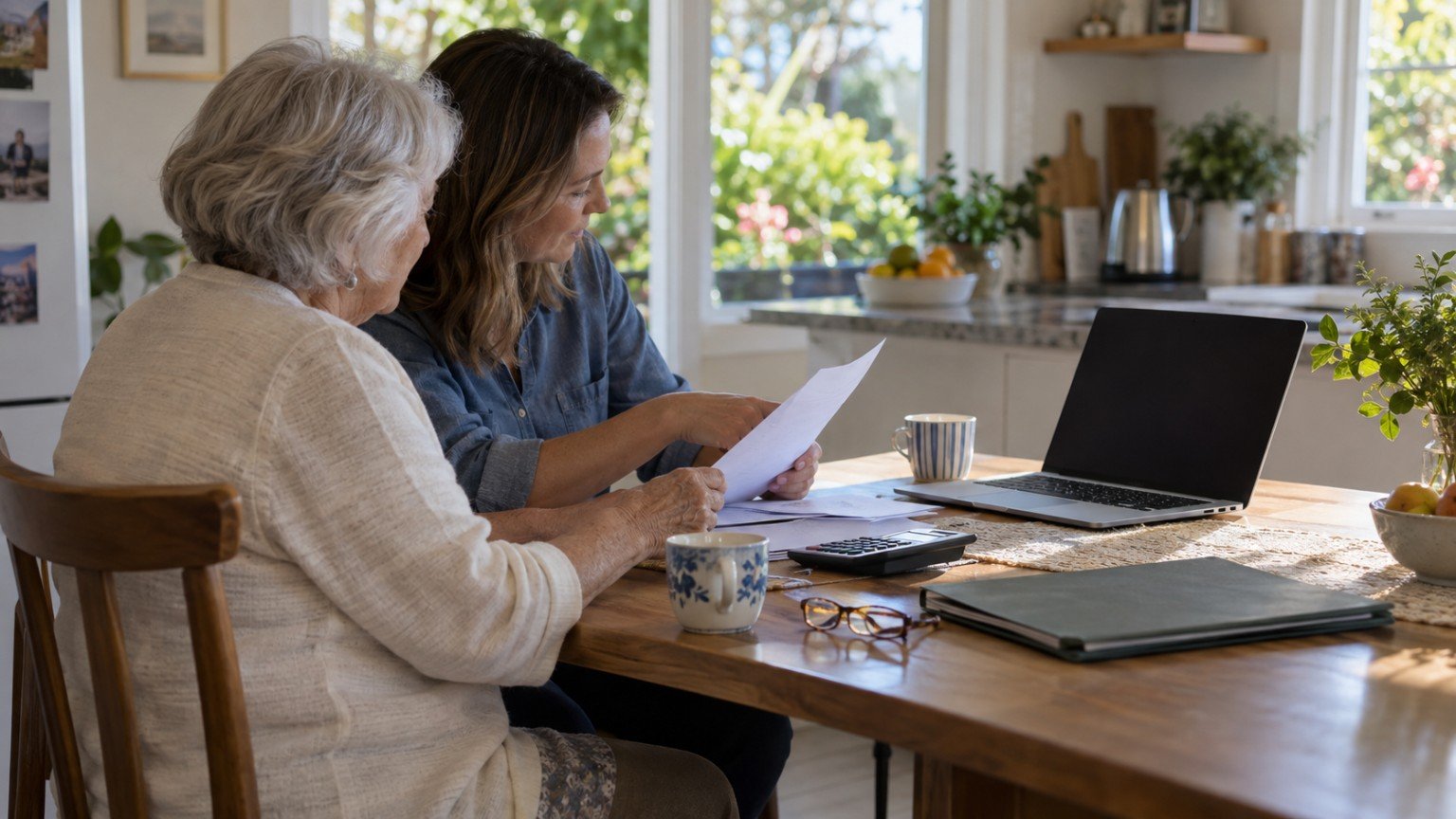 Household paperwork and a laptop on a kitchen table while checking energy support