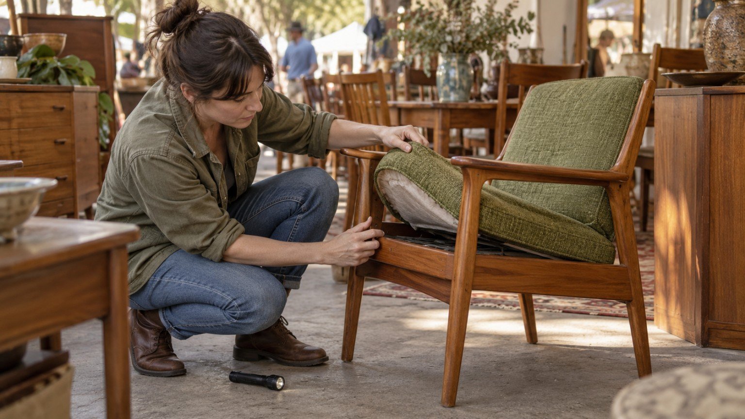 Buyer inspecting the joints and upholstery of a second-hand timber armchair