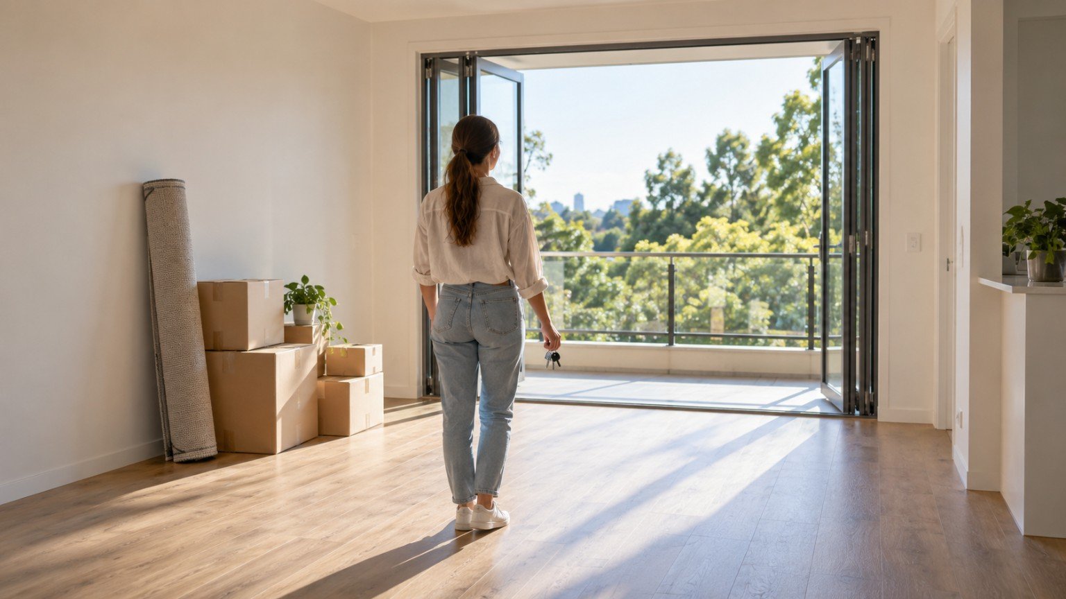First-time renter inspecting an empty apartment before moving in