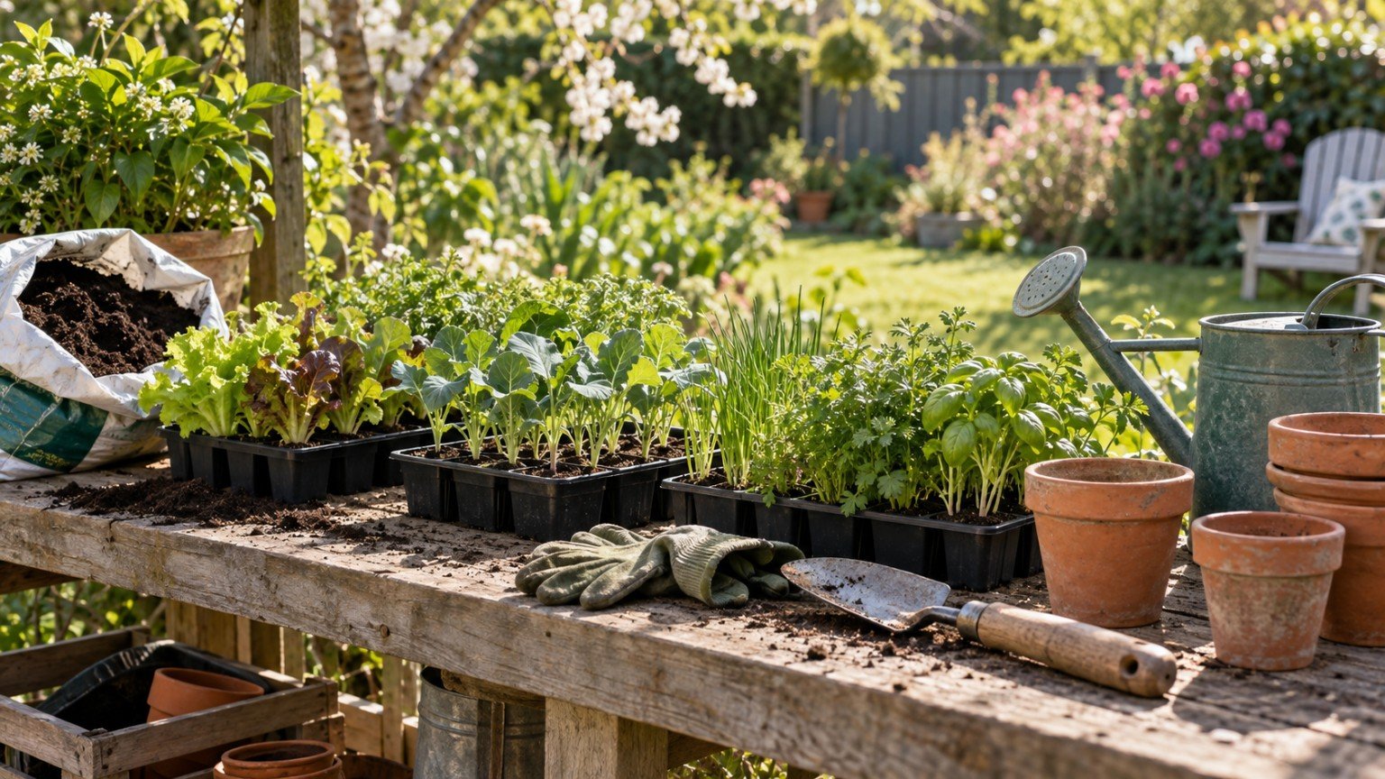 Seedling trays, gloves and a trowel ready for spring planting